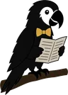The Paper Parrot mascot: a black parrot in a gold bow tie, reading a newspaper