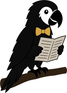 The Paper Parrot mascot: a black parrot wearing a gold bow tie, reading a newspaper while perched on a branch